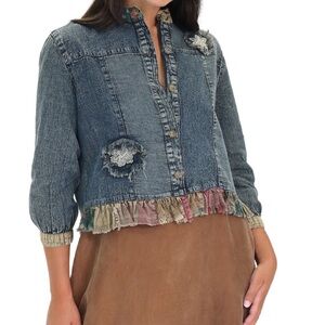 Womens Blue Denim Button-Front Jacket with Ruffle Trim